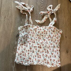 Abercrombie & Fitch White Smocked Floral Tie-Strap Cami